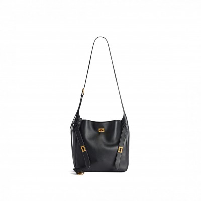 BALENCIAGA BEL AIR SMALL HOBO BAG IN BLACK SMOOTH CALFSKIN, GOLD HARDWARE 8110182ABAV1000 (26.9*25.9*9.9cm)