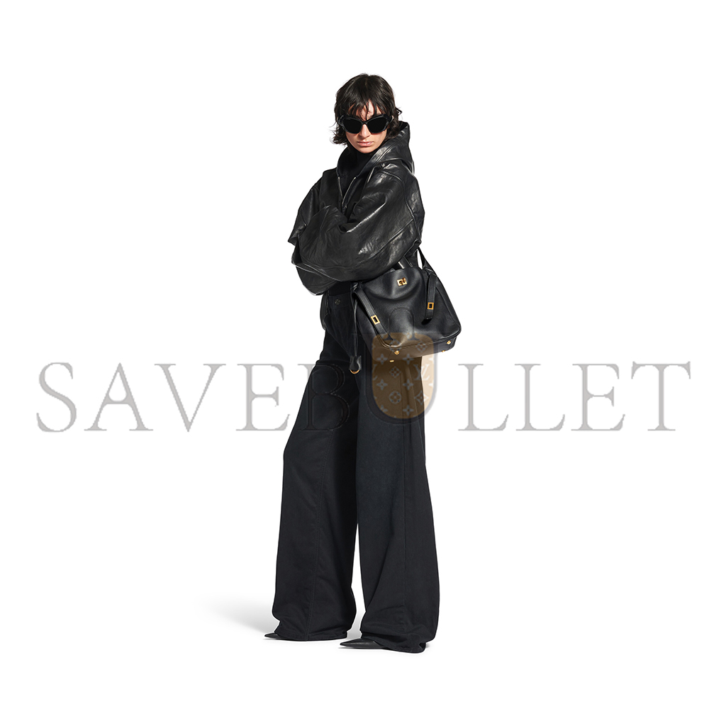 BALENCIAGA BEL AIR SMALL HOBO BAG IN BLACK SMOOTH CALFSKIN, GOLD HARDWARE 8110182ABAV1000 (26.9*25.9*9.9cm)